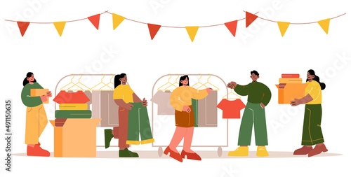 Swap party for exchange clothes, charity donation or second hand fashion shop. Vector flat illustration of people hang garment from boxes to rack on flea market or garage sale