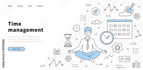 Time management banner with man in yoga pose, clock, gears and calendar. Vector landing page of work organization, time control with doodle businessman meditate, watch, hourglass and graph icons
