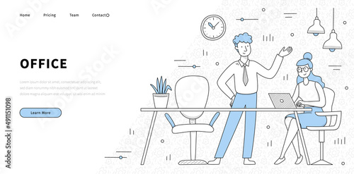 Office banner with people work together in room with table, lamps, chairs and clock. Vector landing page of workplace, coworking or open space office with doodle employees at desk with laptop