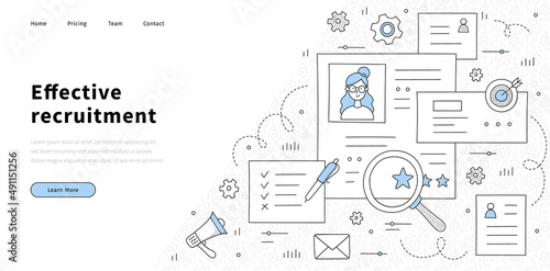Effective recruitment banner. HR management, search company staff and personnel concept. Vector landing page of hiring employees with doodle illustration of woman CV