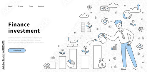 Finance investment doodle landing page, money grow concept with investor water chart with money tree seedling, gold bars and sack with dollars, Wealth rise, income growth, Line art vector web banner