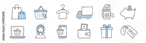 E-commerce doodle icons, signs of web store sale, delivery, online support and payment. Vector doodle set of internet retail service with basket, phone, gift box, bags, truck, piggy bank and price tag