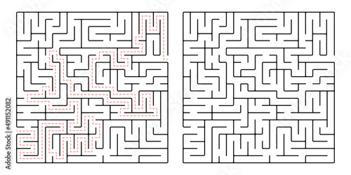 Square maze, a simple logic game with labyrinths. Vector maze game.