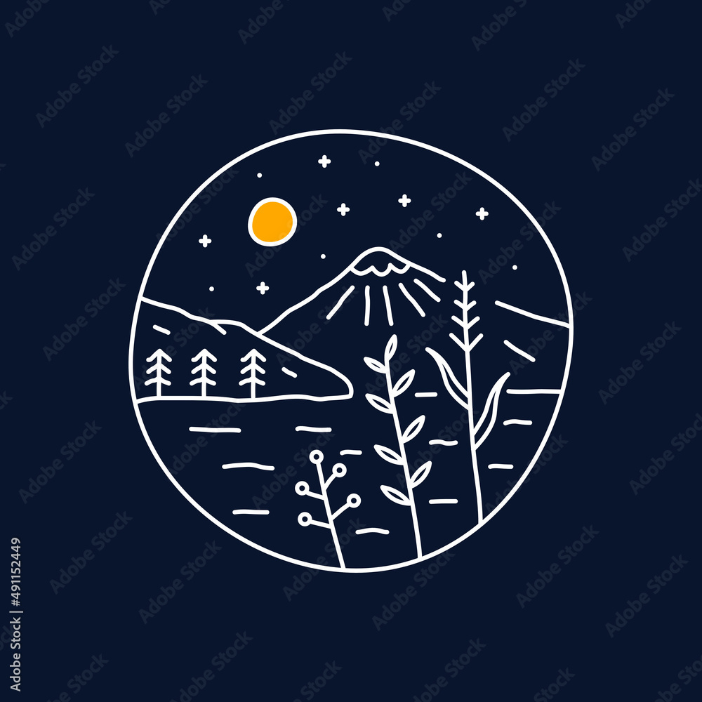 Simple mono line of Mountain, Lake and trees. Vector Art, badge Patch art, T-Shirt Art