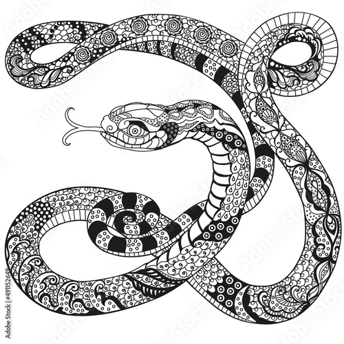 peaceful snake. Decorative floral serpent. Chinese zodiac astrological sign. Celestial feng shui animal. Black and white Tattoo.  Isolated vector illustration
