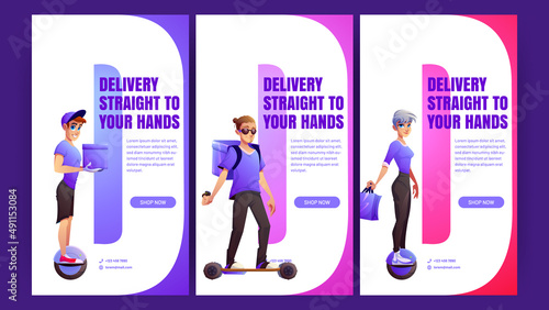 Delivery posters with people on electric unicycle and skate. Vector vertical banners of deliver service with cartoon couriers with box, backpack and bags ride on skateboard and monowheel