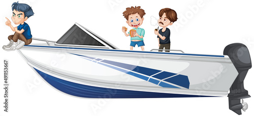 Boy and girl standing on a speeding boat on a white background