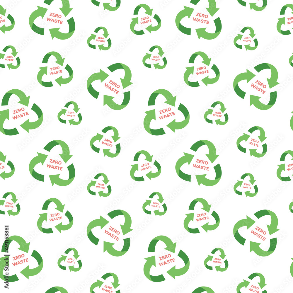 Zero waste concept seamless pattern with waste recycling logo. Sustainable lifestyle, ecological concept. Vector illustration in cartoon style Zero waste concept seamless pattern with waste recycling logo. Sustainable lifestyle, ecological concept. Vector illustration in cartoon style