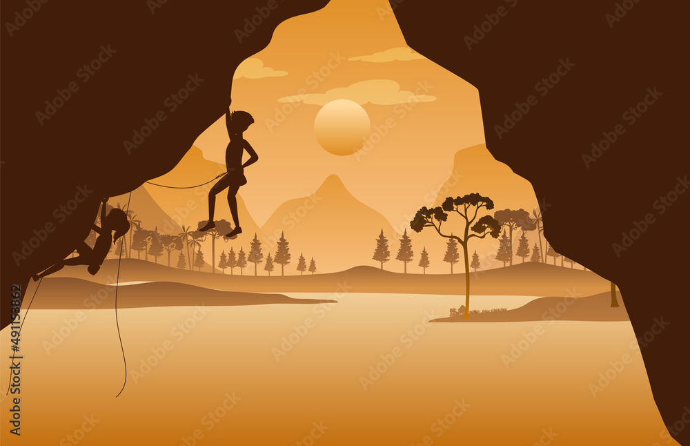 Naklejka premium Flat silhouette rock climbing in nature background