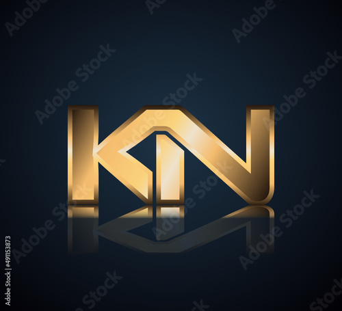 Modern Initial logo 2 letters Gold simple in Dark Background with Shadow Reflection KN