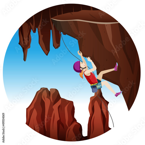 Scene with people climbing rocky moutain on circle artboard