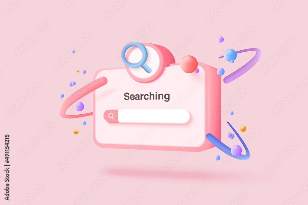 3D minimal search bar or magnifying glass in blank search bar on pink background. Search bar design element on web browser. 3d vector magnifier render for UI illustration in pastel background - obrazy, fototapety, plakaty 