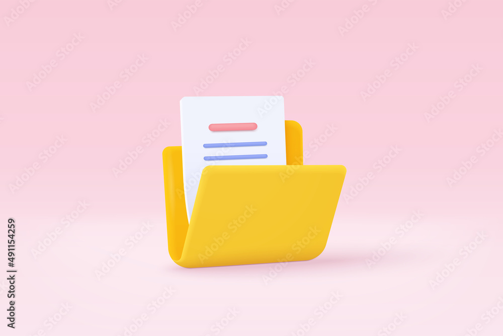 3d folder and paper for management file, document efficient work on project plan concept. Document cartoon style minimal folder with files icon. 3d vector render on isolated pink pastel background - obrazy, fototapety, plakaty 