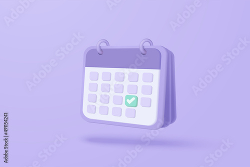 3d calendar marked date for important day in purple background. Calendar with mark for schedule appointment, event day, holiday planning concept 3d vector render isolated pastel background photo