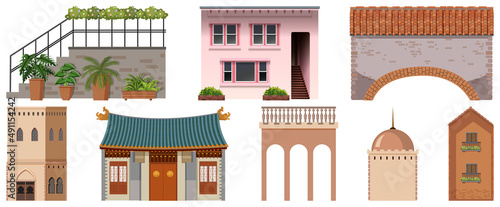 Different designs of buildings on white background