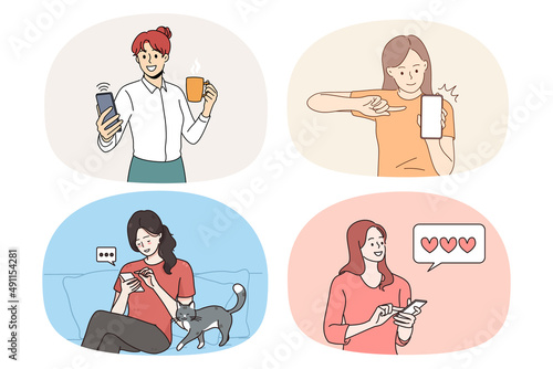 Set of smiling girls use cellphones communicate message online. Collection of young women hold smartphones text talk on internet on dating apps. Communication. Vector illustration. 
