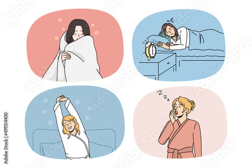Collection of women in homewear awake from night sleep yawn and sigh feel fatigue. Set of girls in pajama awaken from nap or dream. Good and bad sleeping. Vector illustration. 