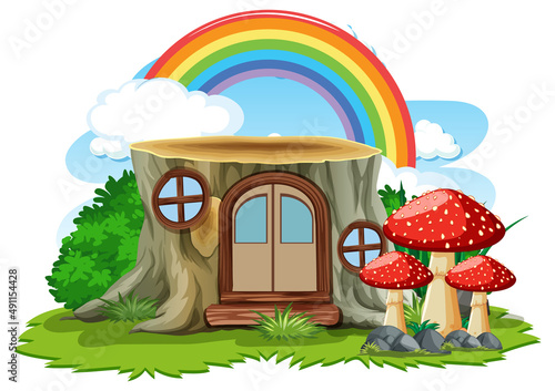 Fantasy stump house with rainbow in the sky