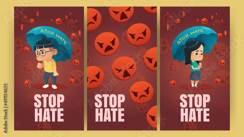 Stop Hate posters with asian kids under umbrellas and falling red angry emoji. Vector vertical banners of protest against racism and hatred with cartoon illustration of sad girl and boy from Asia