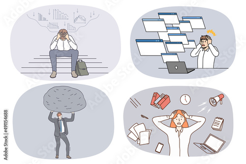 Collection of exhausted businesspeople overwhelmed with work stress. Set of tired unhappy employee or worker stressed frustrated with job workload. Burnout and overwork. Vector illustration. 