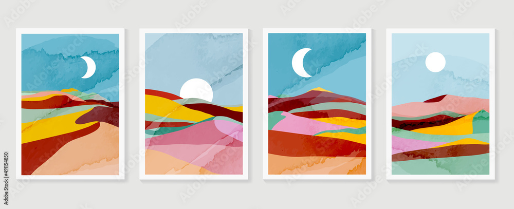 Abstract watercolor landscape wall art template. Colorful wallpaper with desert, sand, moon, sun and blue sky. Summer nature design for background, home decor, interior, banner, and prints.