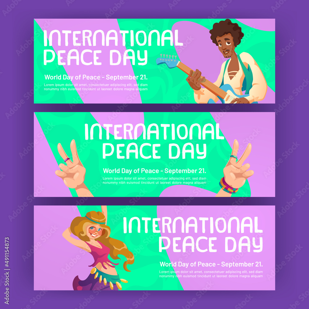 International peace day banners with hippie people and hand shows V gesture. Vector horizontal posters of global day peaceful world with cartoon man with guitar, girl and hand sign with two fingers International peace day banners with hippie people and hand shows V gesture. Vector horizontal posters of global day peaceful world with cartoon man with guitar, girl and hand sign with two fingers