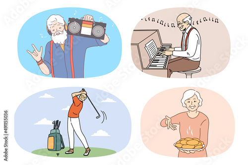 Set of happy active old pensioners people enjoy good maturity. Collection of energetic smiling mature men and women have fun involved in hobby activity. Relaxation on retirement. Vector. 