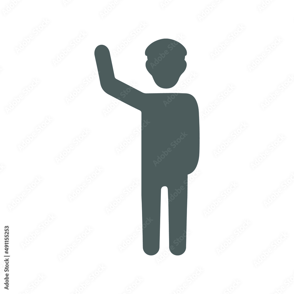 Male figure, hand up icon. Gray vector graphics. Male figure, hand up icon. Gray vector graphics.
