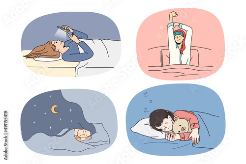 Set of young women in pyjama relax sleeping in cozy comfy bed at night. Collection of happy girl rest take nap daydream in bedroom at home. Fatigue and relaxation. Vector illustration. 