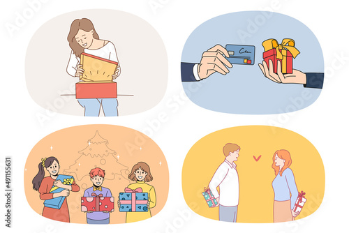 Set of happy people get and give presents on birthday anniversary. Collection of smiling men and women exchange gifts congratulate greet on special occasion. Flat vector illustration. 