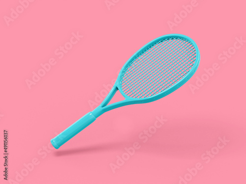 Blue one color tennis racket on pink flat background. Minimalistic design object. 3d rendering icon ui ux interface element. © photolas