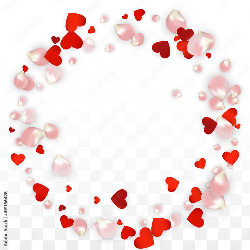 Vector Realistic Petals and Hearts Confetti. Flying Rose and Hearts on Transparent Background. Romantic Love Background.
