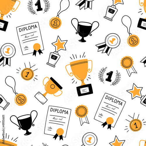 Seamless pattern with awards, trophy cups and first place medals. Winner concept. Doodle gold medal and champion trophy cup. Hand drawn award icons. Vector illustration on white background.