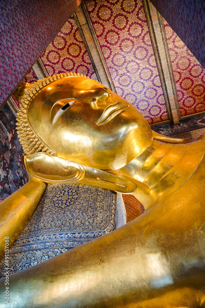 Ancient buddha statue in wat Thai or Thai temple. Giant Buddha god worship, Asian architecture art landmark, famous shrine for tourism. History spiritual temple of god. Travel Thailand attraction.
