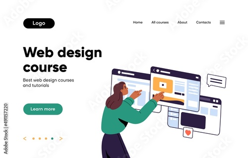 Landing page of website. Web-site template for online education platform. Interface wireframe, layout for UI, UX design courses, school. Homepage for studying. Colored flat vector illustration