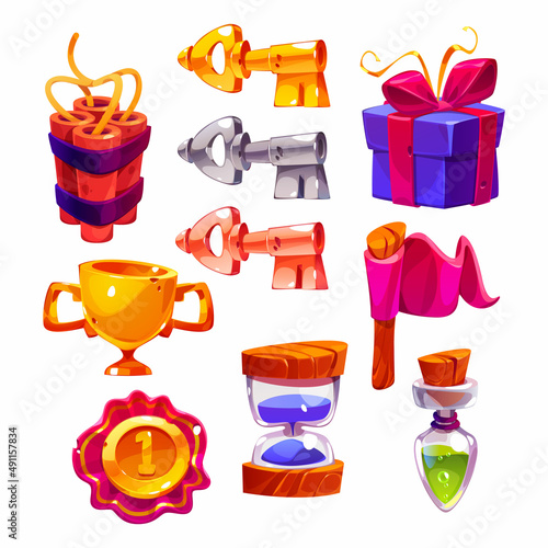 Game icons with keys, dynamite, gift box, flag, gold goblet and award badge. Vector cartoon set of signs for gui of rpg computer or mobile game, tnt, potion, trophy and hourglass