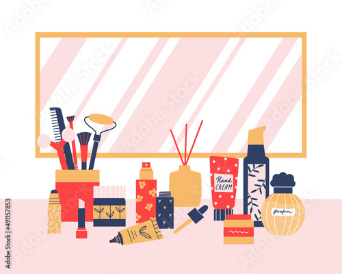 Collection of cosmetic products on a dressing table. Woman boudoir. Vector flat illustration