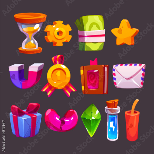 Game icons with money, gold star, dynamite, gift box, broken heart and award badge. Vector cartoon set of signs for gui of mobile game, hourglass, tnt, magic book, magnet, potion, gem and letter