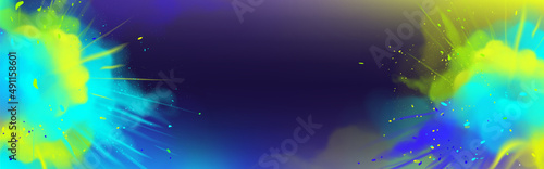 Holi powder paints explosion empty banner template, border with blue and yellow color splashes on dark background, colorful cloud or smoke burst, indian festival ad. Realistic 3d vector illustration