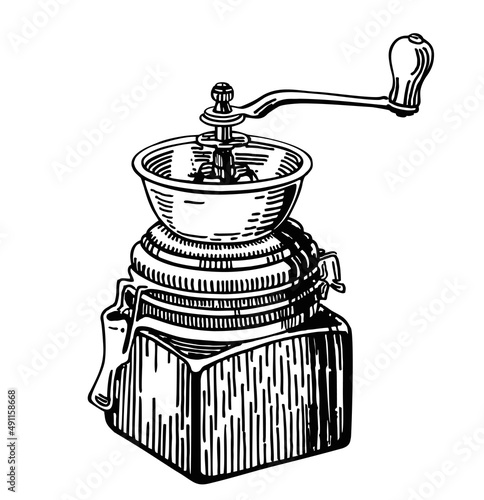 Retro manual coffee grinder. Coffee mill. Hand drawn sketch style. Vintage black vector engraving illustration for label, web. Isolated on white background. Hand drawing engraving style