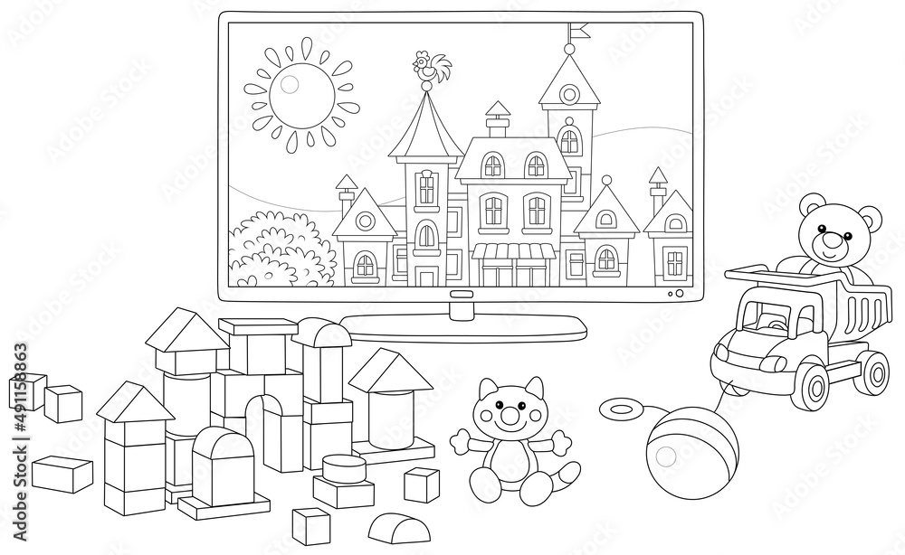 TV set with a pretty small cartoon town and funny toys in a nursery after a merry game with friends, black and white outline vector illustration for a coloring book page