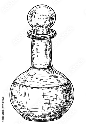 Transparent crystal round decanter hand drawn vector illustration. Hand drawn glass decanter sketch isolated on white background. For bar menu, cards, posters, prints, packaging. Engraving style