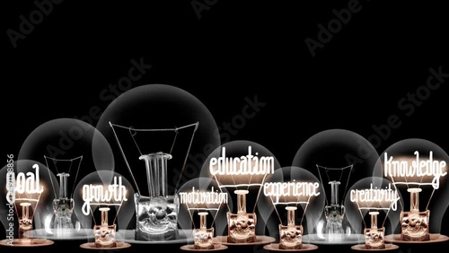 Light bulbs going from dark to light with Learning, Training, Education, Knowledge, Development and Goal fiber text on black background. High quality 4k video.