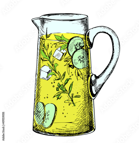 Detox drink. Drink in a glass jug. Pieces of lemon and cucumber fall into water jug. Spritzer, lemonade, ice tea, detox water. Healthy eating. Soda for detox and wellbeing. Vector in sketch style