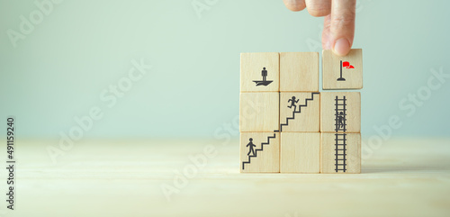 businessman compete to the goal,achievment winning red flag. vision ,opportunity or chance of leader to growth success process in business career. find path way which appropriate in owner business