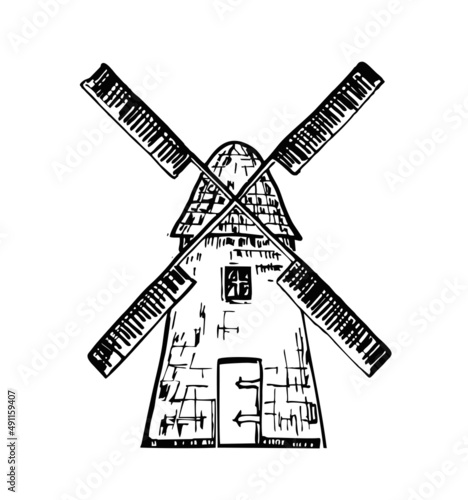 Windmill Sketch. Hand drawn vintage Mill. Engraved style vector illustration. isolated on white background. Village Mill House Doodle. Isolated.