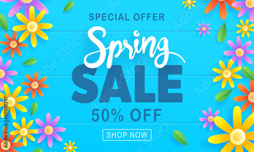 Spring sale banner with paper flowers on a blue background. Banner perfect for promotions, web sites. Vector illustration.