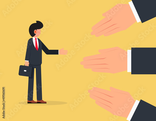 Options for negotiating business.Businessman shaking hands with giant