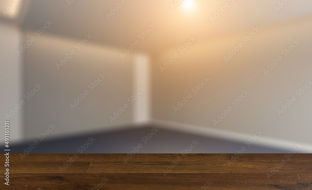 Fototapeta premium . Sunset. Modern office Cabinet. 3D rendering. Meeting room. Background with empty table. Flooring.