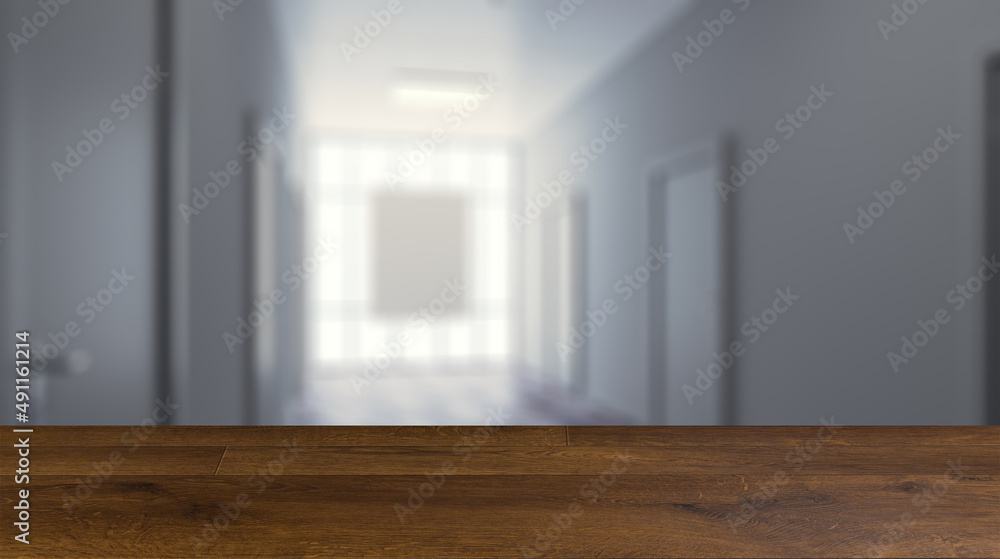 Fototapeta premium The Corridor in office building. 3D rendering. Background with empty table. Flooring.
